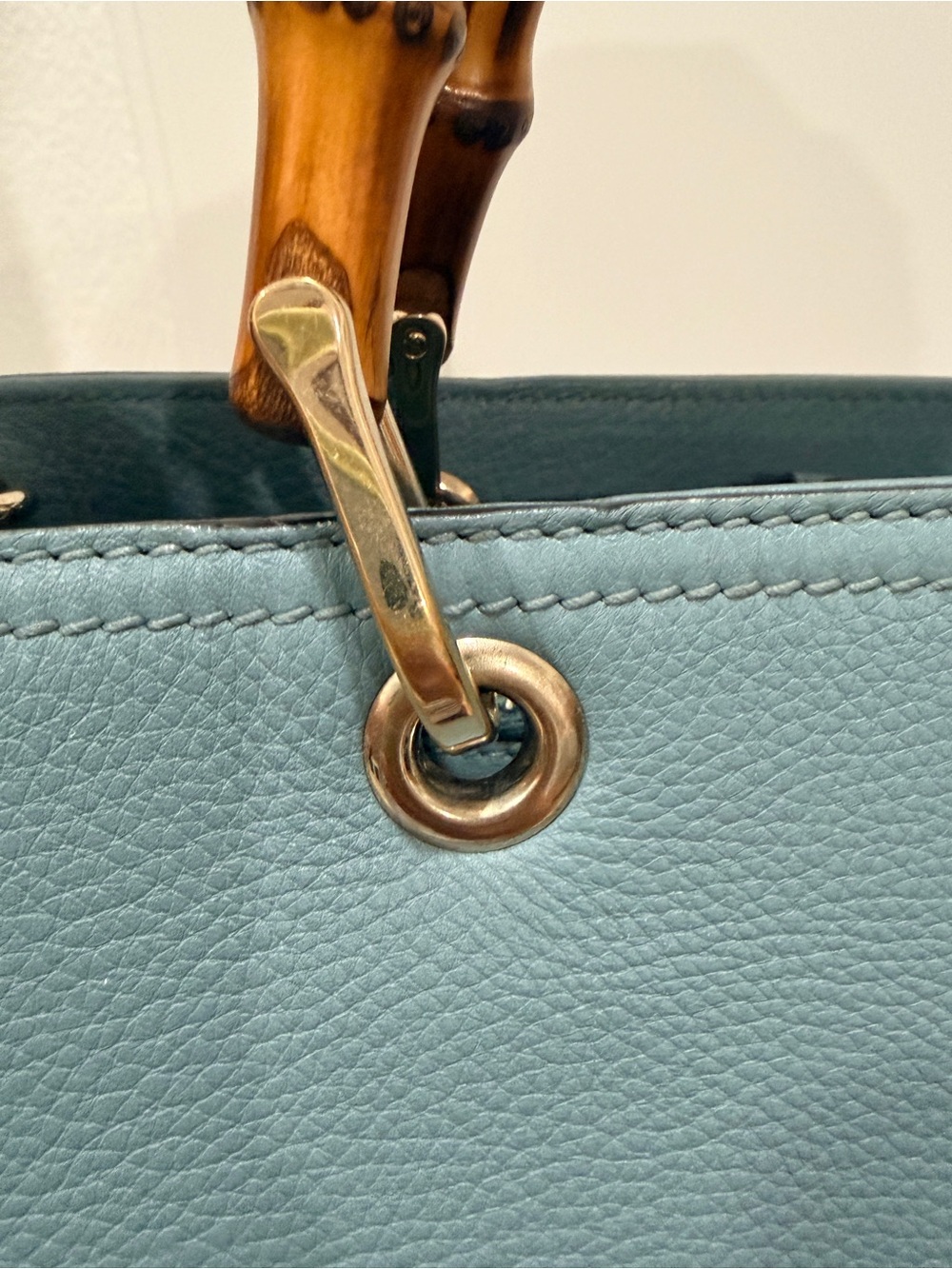 Gucci Light Blue Bamboo Handle Leather Tote + COA and Dust Bag - Picture 11 of 16